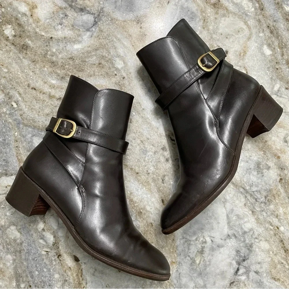 Salvatore Ferragamo Brown Leather Ankle Heeled Boots Size 6B Gold Buckle Detail